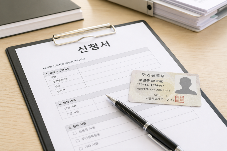 기초생활수급자 신청서와 주민등록증, 신청 준비 서류