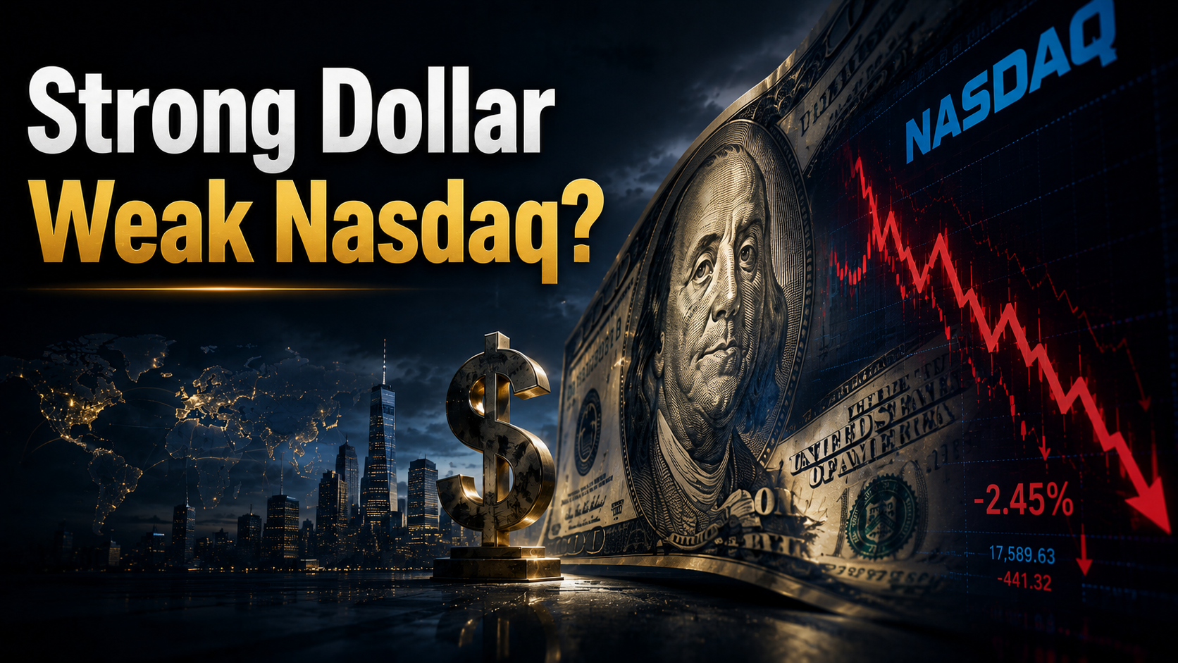 Strong U.S. dollar and weakening Nasdaq illustrating the relationship between DXY and technology stocks.