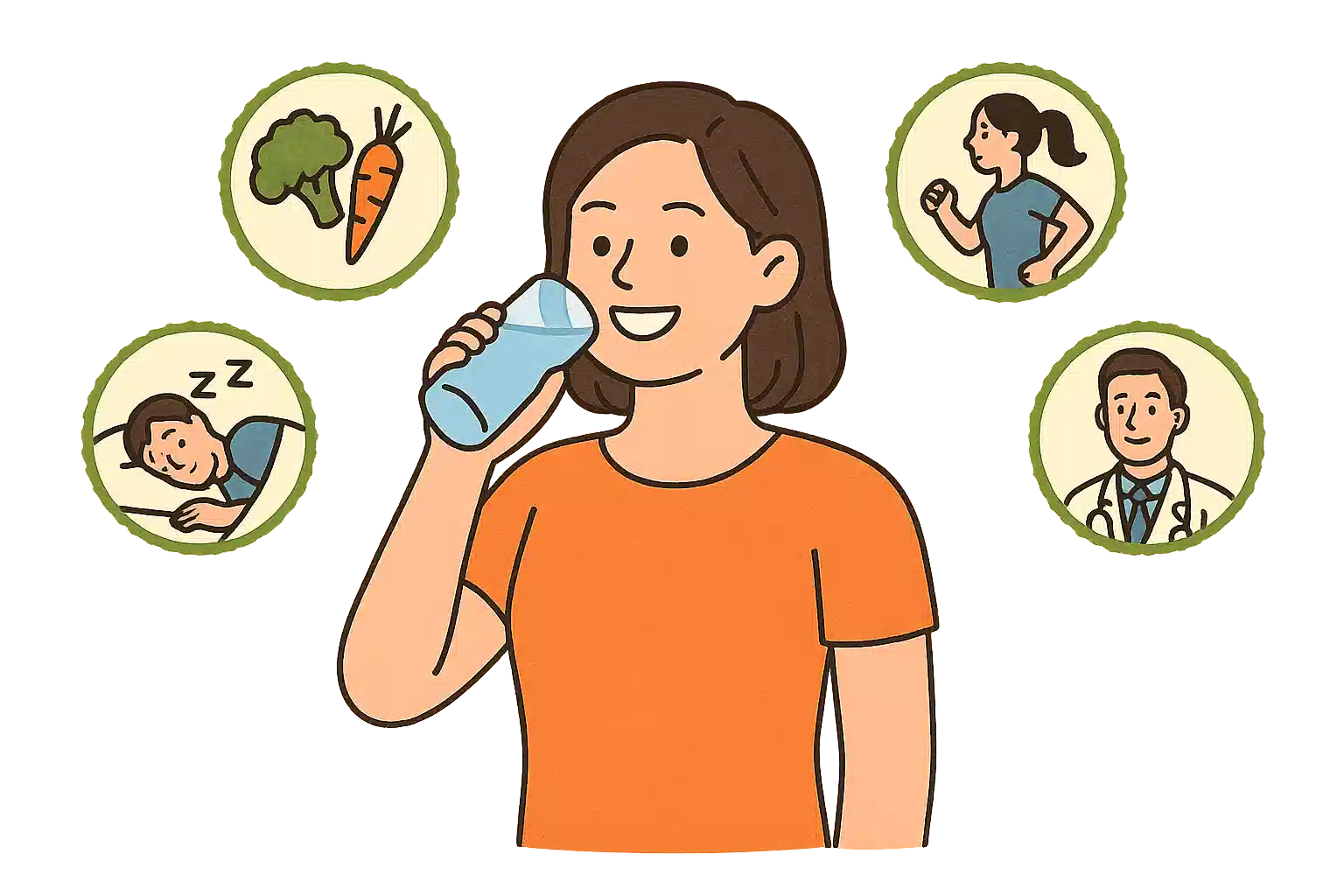 물 마시기, 채소 섭취, 운동, 수면, 의료 상담