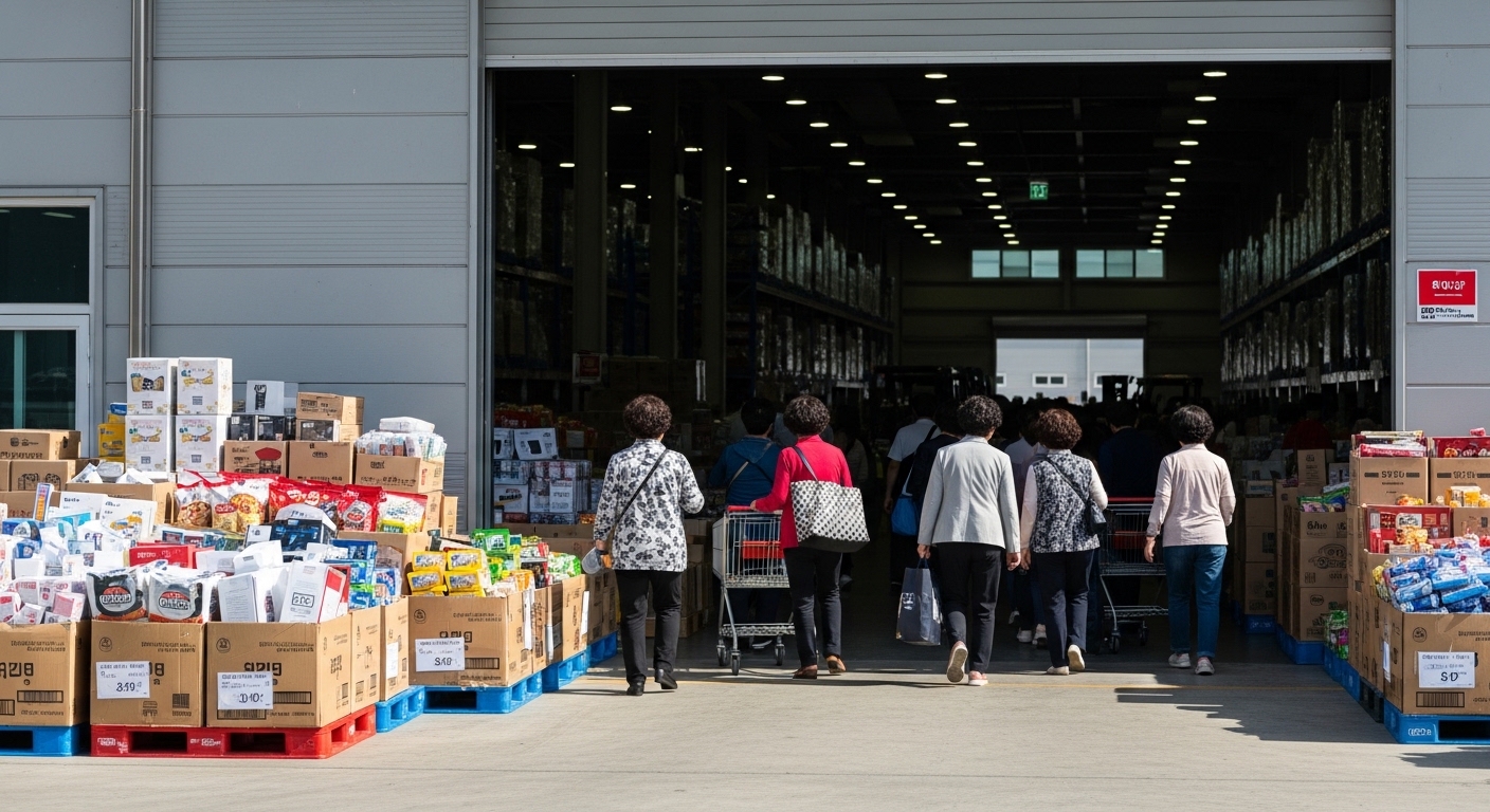 매장 입구 특가 코너와 방문객 동선이 보이는 장면