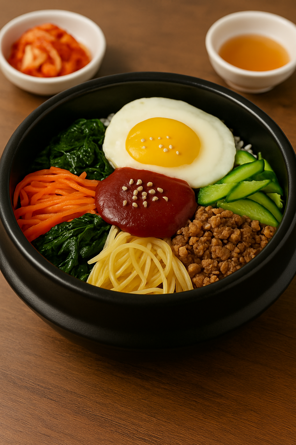 Traditional Korean bibimbap served in a black stone pot with fried egg, vegetables, minced beef, and gochujang sauce.