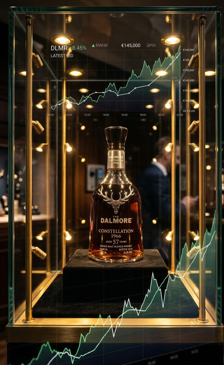 황금빛 조명을 받는 희귀 위스키 병과 그 뒤로 주가 그래프가 겹쳐 보이는 고급스러운 위스키 재테크 관련 사진.