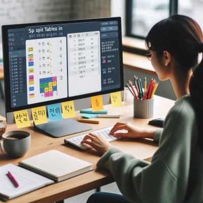 화면에 다양한 데이터와 그래픽이 표시된 'Split tables'에 대한 작업 중인 모습입니다.