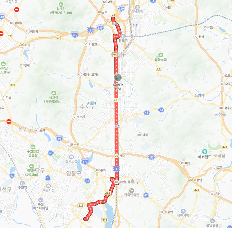 성남-용인-P9242(출근)번-버스-노선-지도