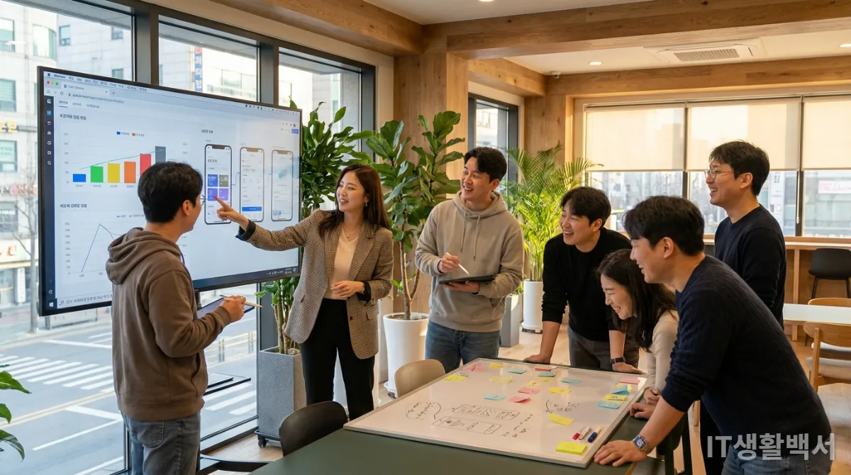 서울의 코워킹 스페이스에서 모바일 앱 성공 전략을 논의하는 한국인 개발자들