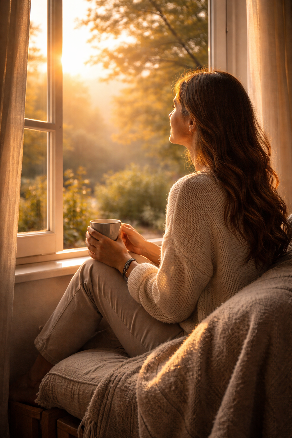 창밖을 바라보며 자신의 삶과 건강을 돌아보는 사람