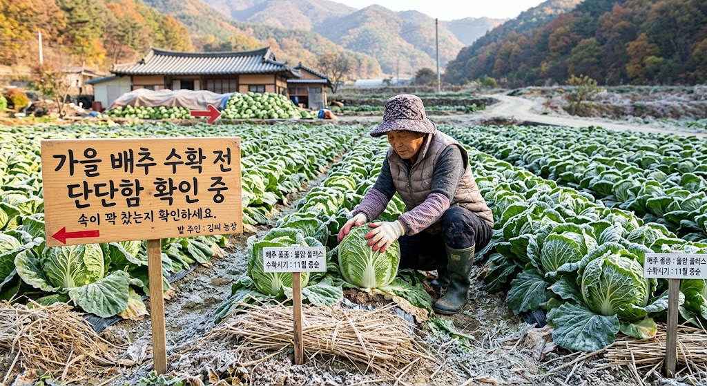 늦가을 서리가 내린 텃밭에서 배추 속을 눌러보며 수확 적기를 확인하는 모습