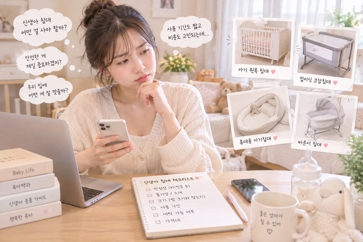 아기침대 구매로 고민이 되는 아기 엄마의 모습