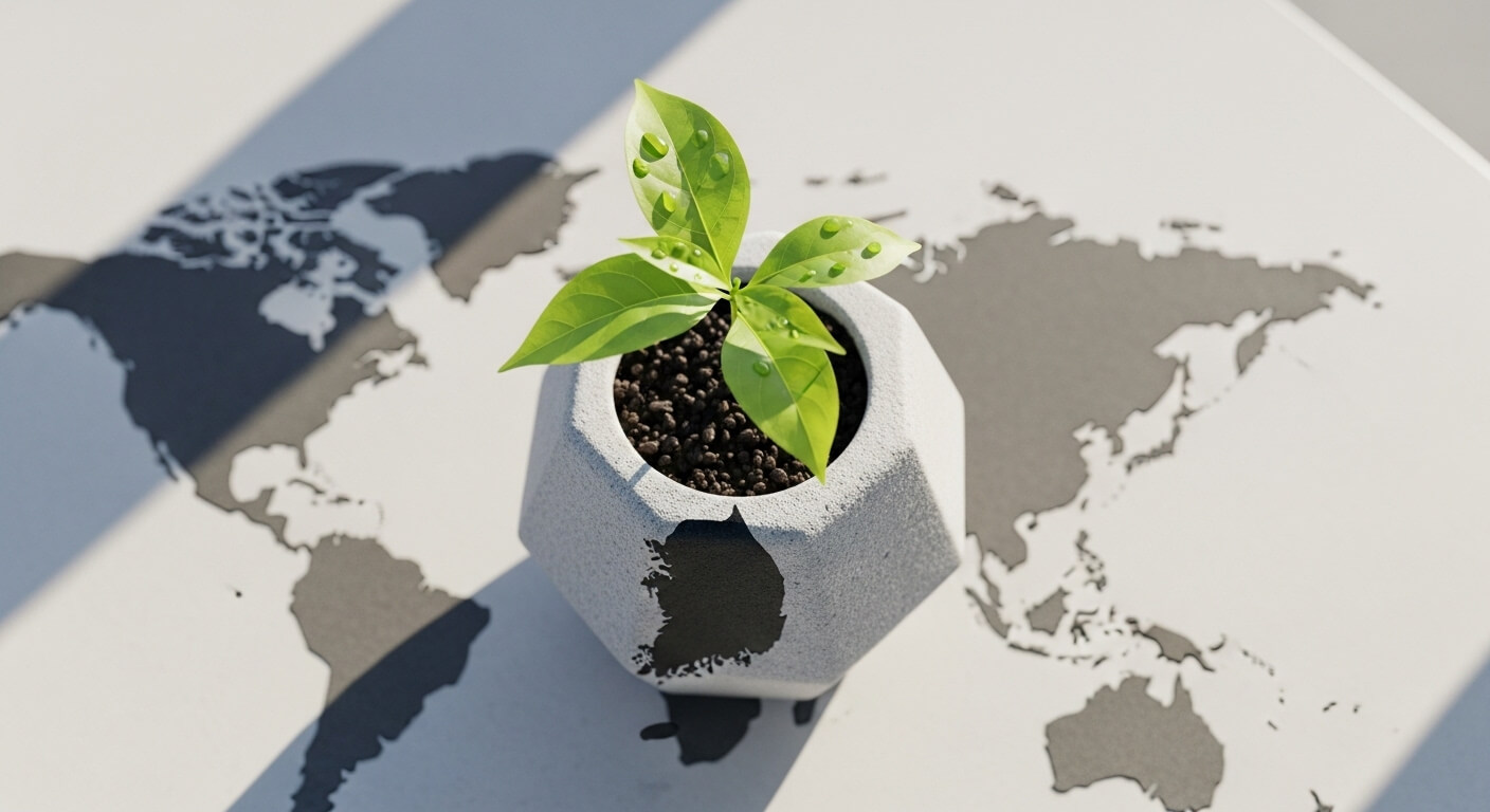 세계 지도 위에서 자라나는 새싹으로 표현한 장기 성장과 투자 구조