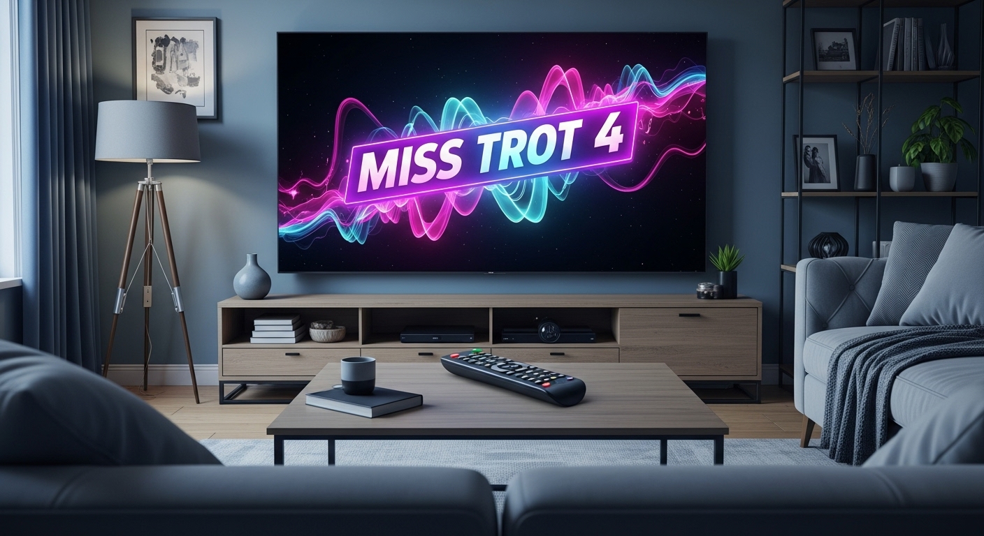 아늑한 거실에서 대형 TV 화면으로 미스트롯4 로고가 보이는 장면, 집에서 편안하게 프로그램을 시청하는 모습을 암시합니다.