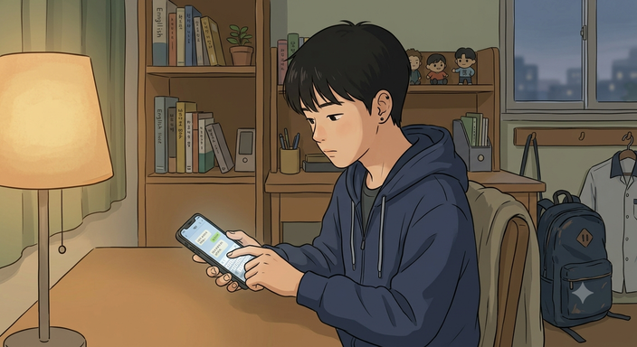 방에서 혼자 폰 타이핑하는 청소년
