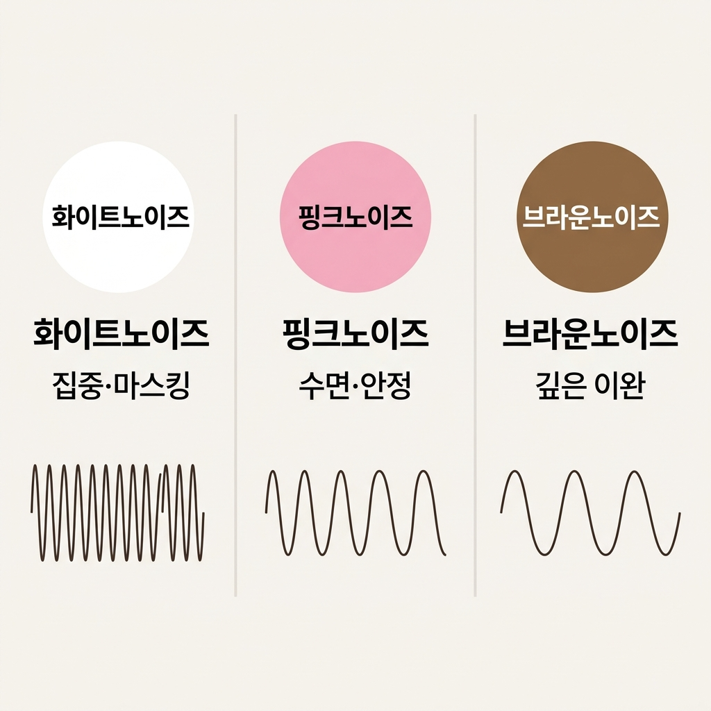 화이트노이즈 핑크노이즈 브라운노이즈 종류별 특징을 비교한 인포그래픽
