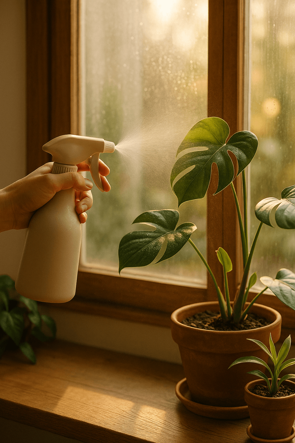 창가에서 실내 식물에 물을 주는 장면