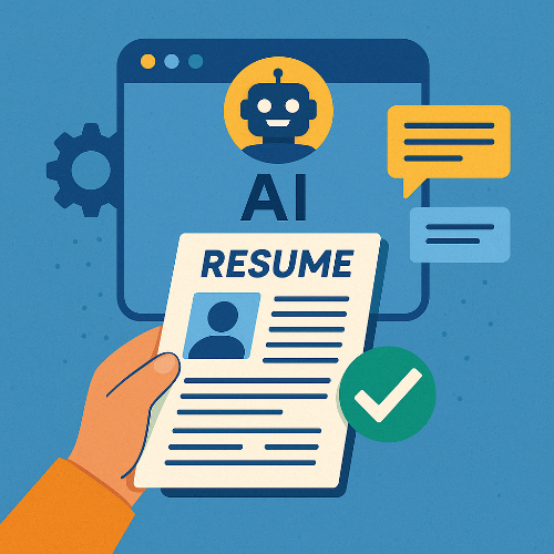 컴퓨터 화면 속 AI 챗봇이 이력서를 스캔하고 있는 장면. 말풍선과 녹색 체크표시, ‘RESUME’라는 문구가 포함되어 있으며, 이는 AI 기반 이력서 분석 과정을 시각적으로 설명하는 일러스트이다.
