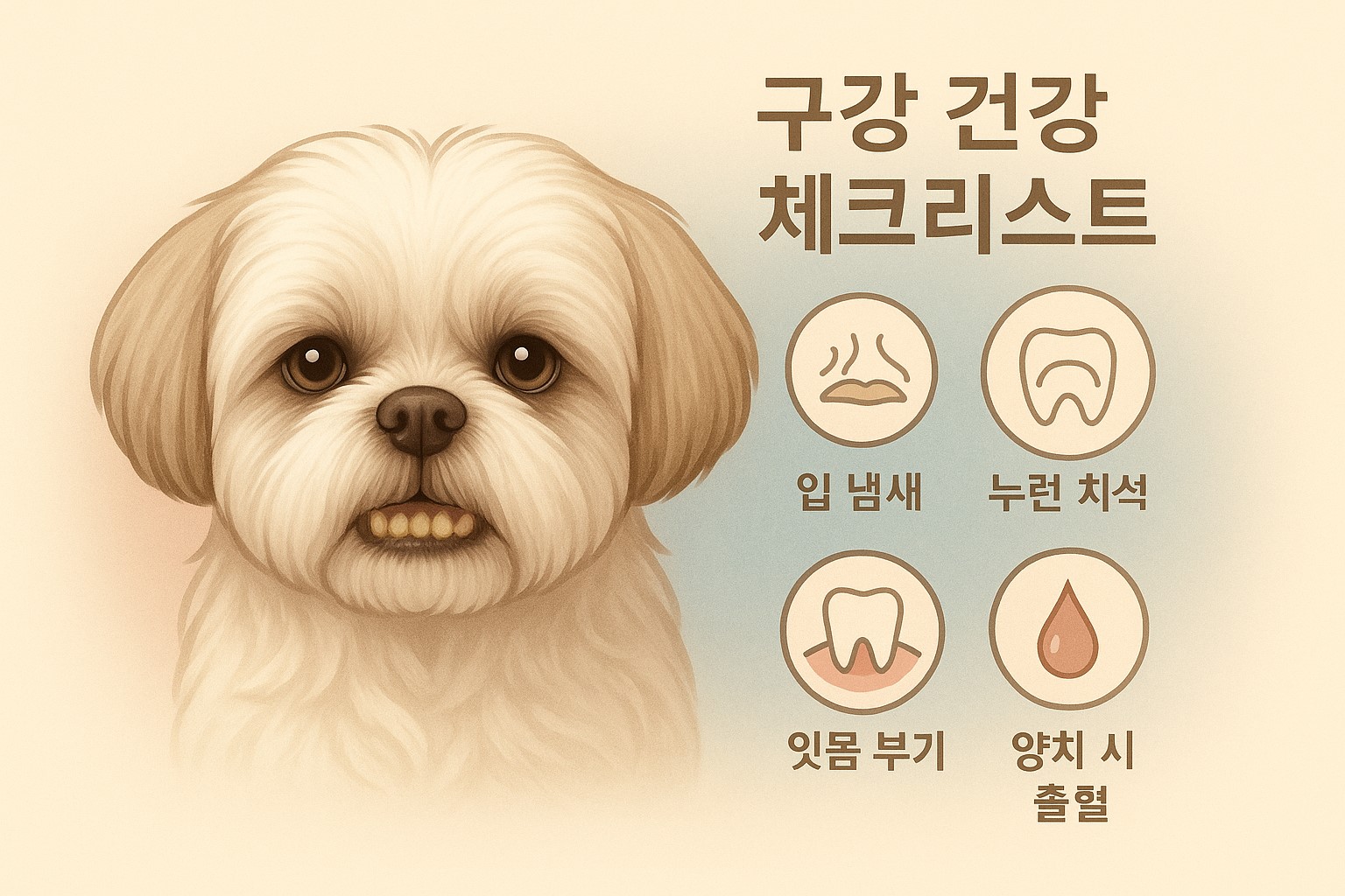 시츄 치아 보이는 얼굴 클로즈업

옆에 아이콘: 입냄새, 치석, 잇몸 부기, 출혈