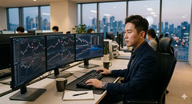 환율 하락 이유 분석 중인 투자자 모습, 원달러 환율 그래프 확인하는 상황