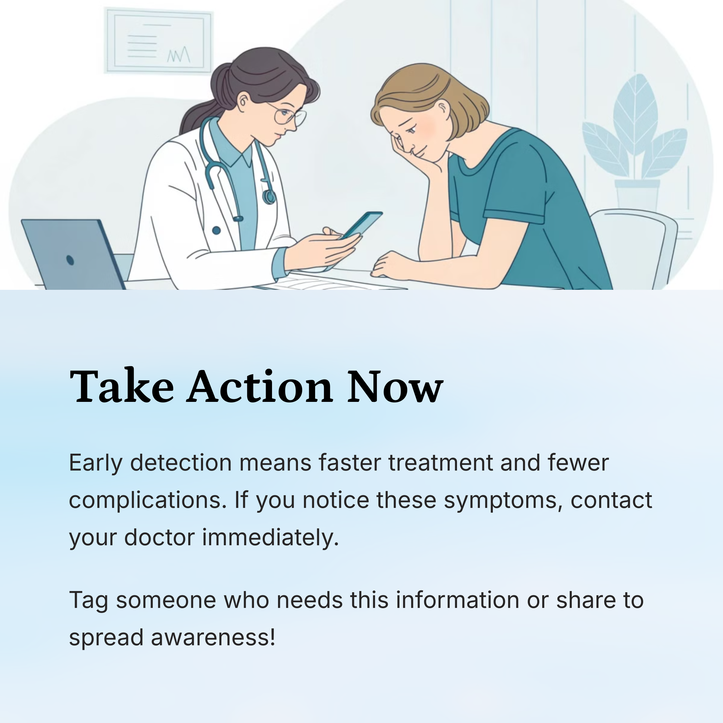An illustrated figure closely examining a skin condition while urgently contacting a medical professional, emphasizing the importance of early detection for improved health.