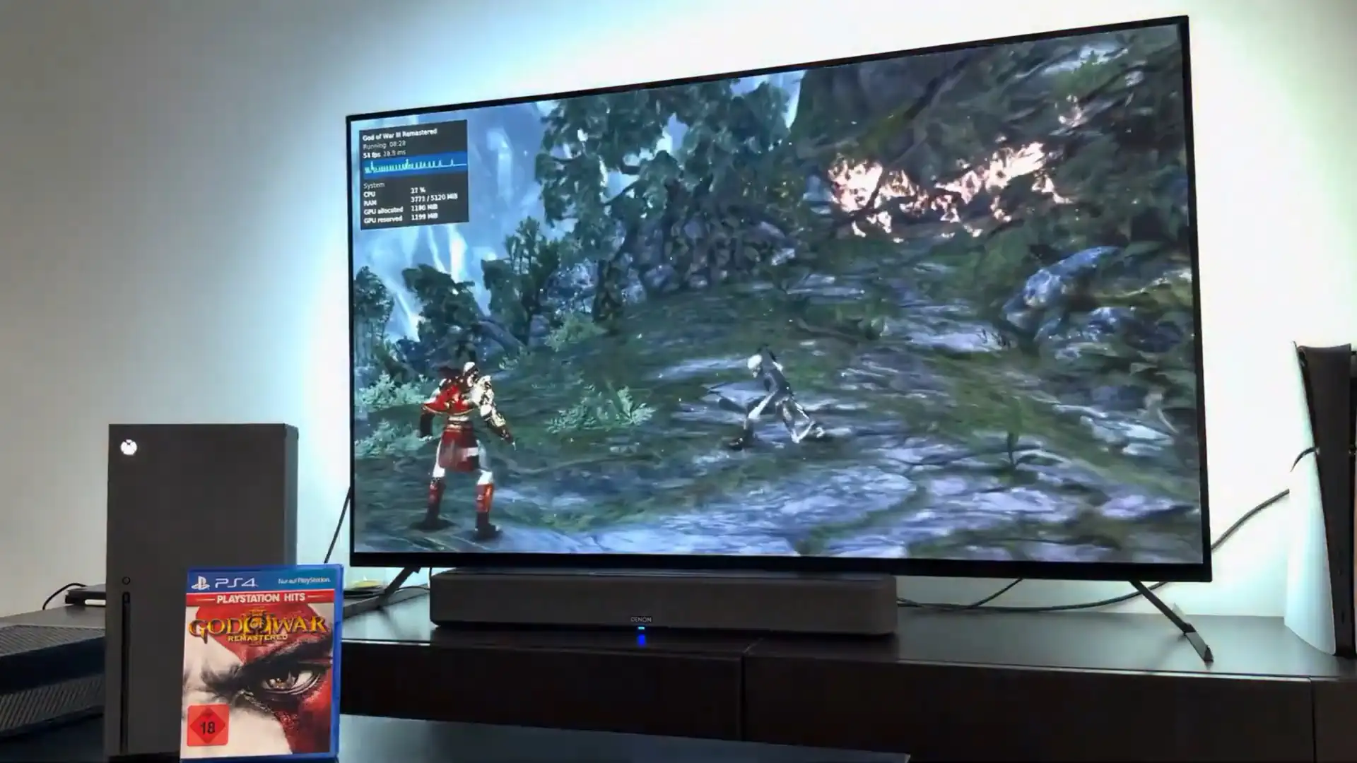 Xbox Series X에서 갓 오브 워3 리마스터드 실행 시연 전투 장면과 FPS 표시