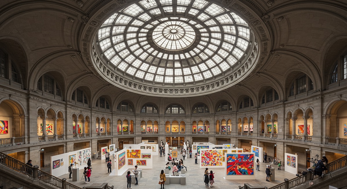 문화역서울284의 고풍스러운 공간에 전시된 2025 아시아프의 현대 미술 작품들을 감상하는 관람객들의 모습