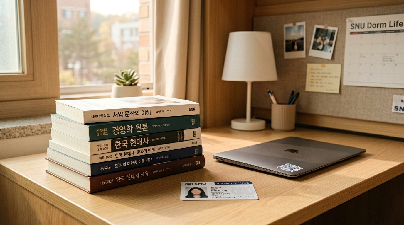 기숙사 책상 위에 대학교 교재와 학생증이 가지런히 놓여 있습니다.