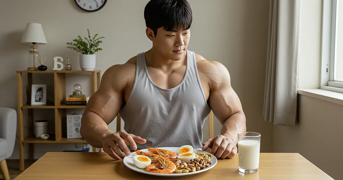 보디빌더가 실내에서 새우 계란 견과류 우유로 구성된 고단백 식단을 바라보는 사진