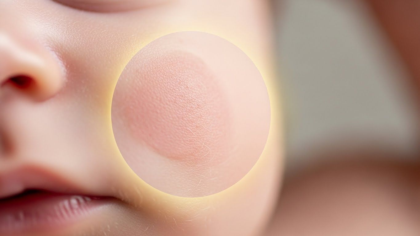 아기의 섬세한 피부를 클로즈업하여 작고 거의 보이지 않는 모공과 약간의 붉은기를 보여주며 성인 피부에 비해 민감도를 강조합니다.