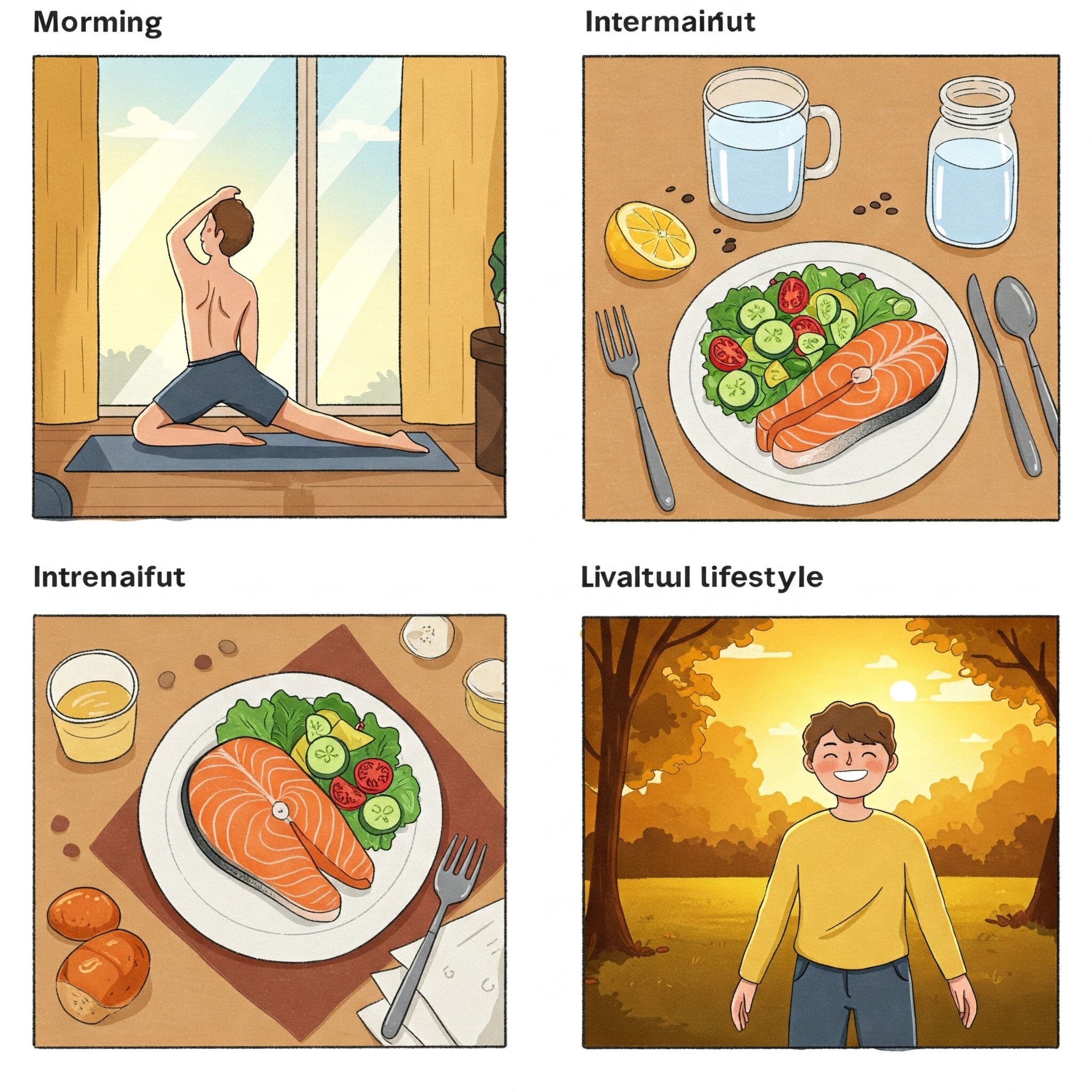 "건강한 라이프스타일을 실천하는 현대인의 하루: 아침 햇살 속 스트레칭, 간헐적 단식 중 물 마시는 모습, 샐러드와 연어가 담긴 건강 식단, 저녁 산책하며 활짝 웃는 사람. 따뜻하고 활기찬 분위기의 일러스트 스타일"