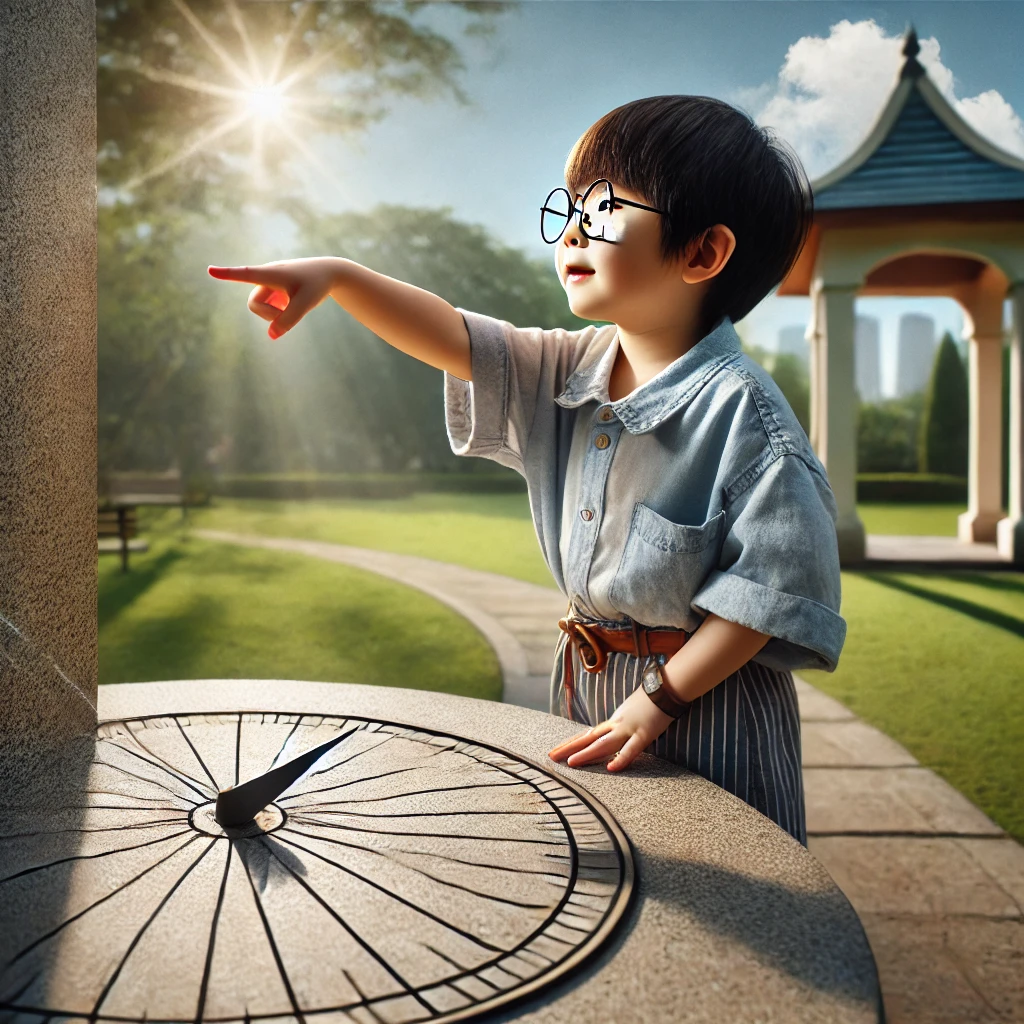 7살 정도 된 한국 아이가 공원에 있는 큰 해시계 앞에서 손가락으로 그림자를 따라가며 신기한 표정으로 바라보는 모습, 맑고 푸른 하늘이 배경