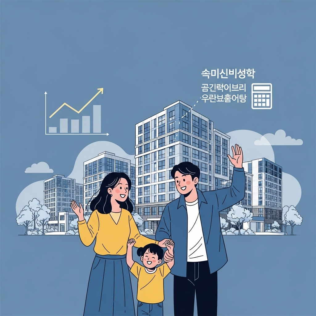 청약 가점을 계산하고 아파트 당첨을 기대하는 행복한 한국 가족의 모습