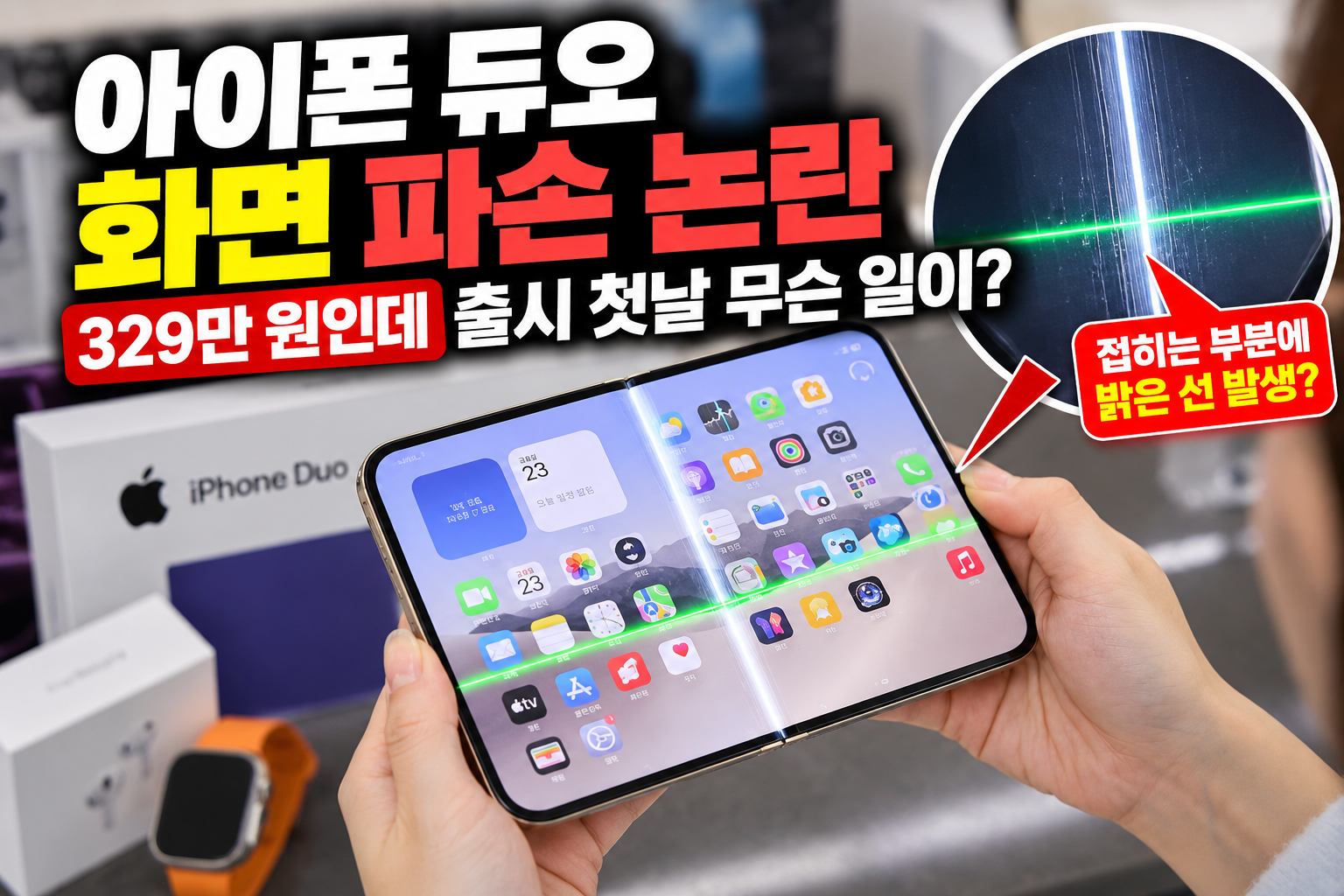 아이폰 듀오 화면 파손 논란, 329만 원 폴더블 아이폰 출시 첫날 접히는 힌지 부근에 밝은 세로선과 초록색 가로선이 나타난 사례