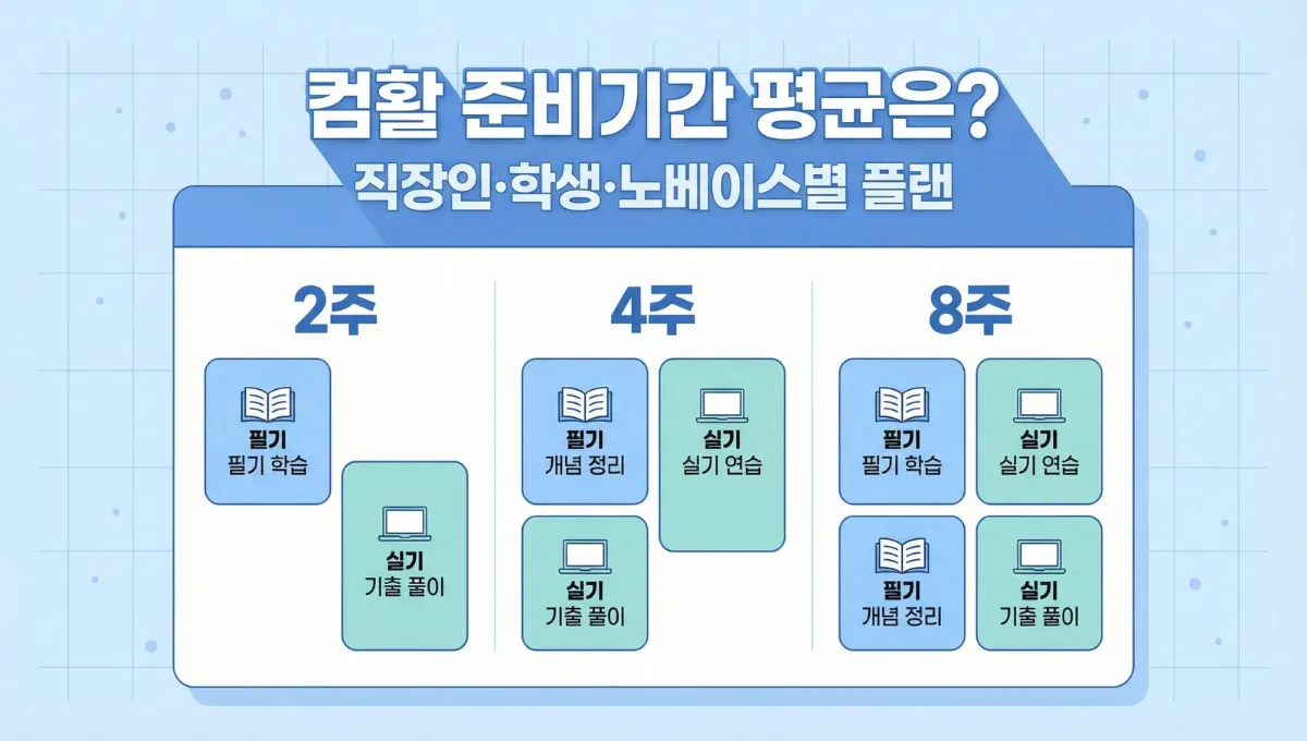 컴활 준비기간 평균과 2주&middot;4주&middot;8주 플랜을 한눈에 보여주는 대표이미지
