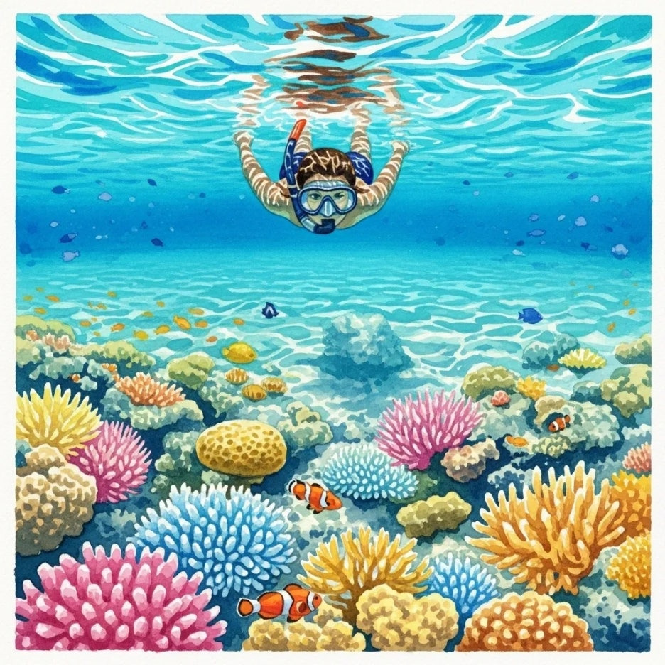 이시가키 바다에서 스노클링 즐기는 모습