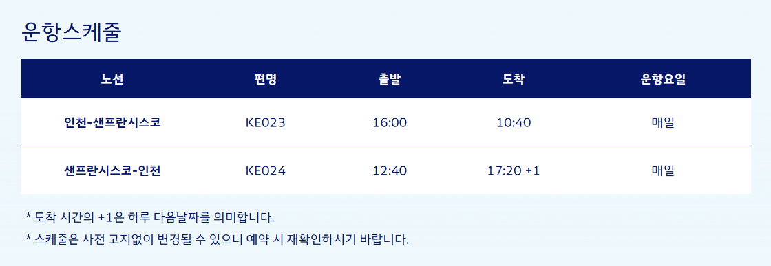 대한항공 샌프란시스코 운항스케줄
