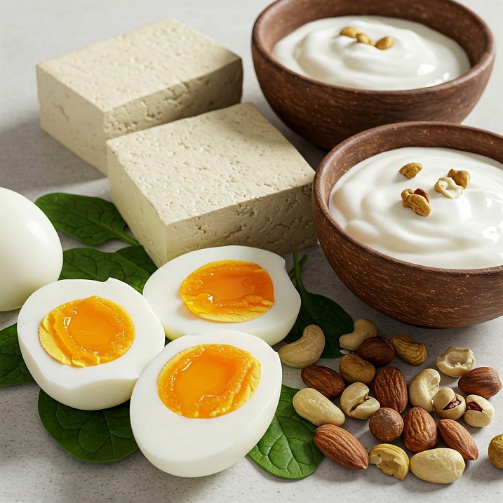 삶은 달걀, 두부, 그릭요거트, 견과류