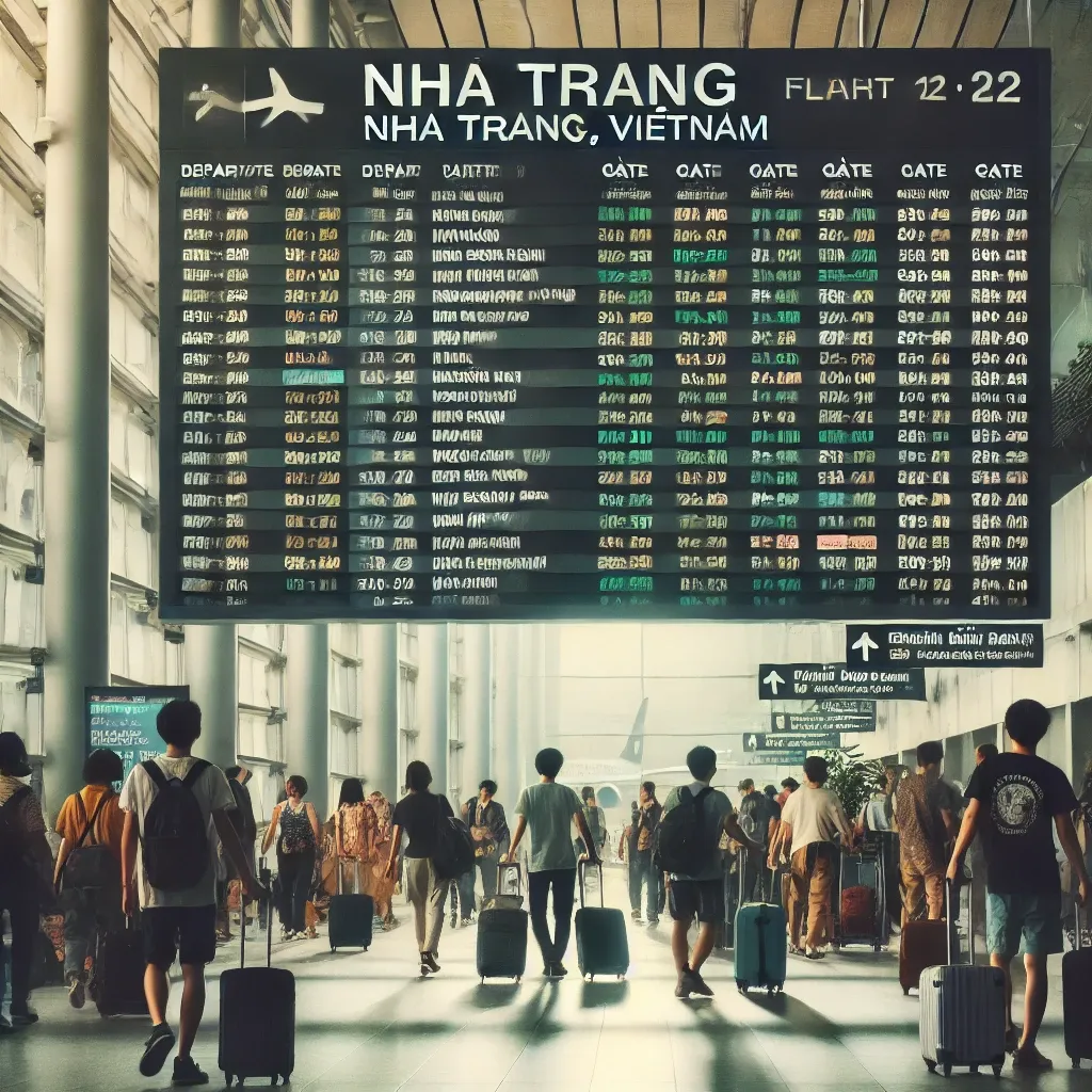 나트랑으로 향하는 항공편이 표시된 공항 출발 전광판.