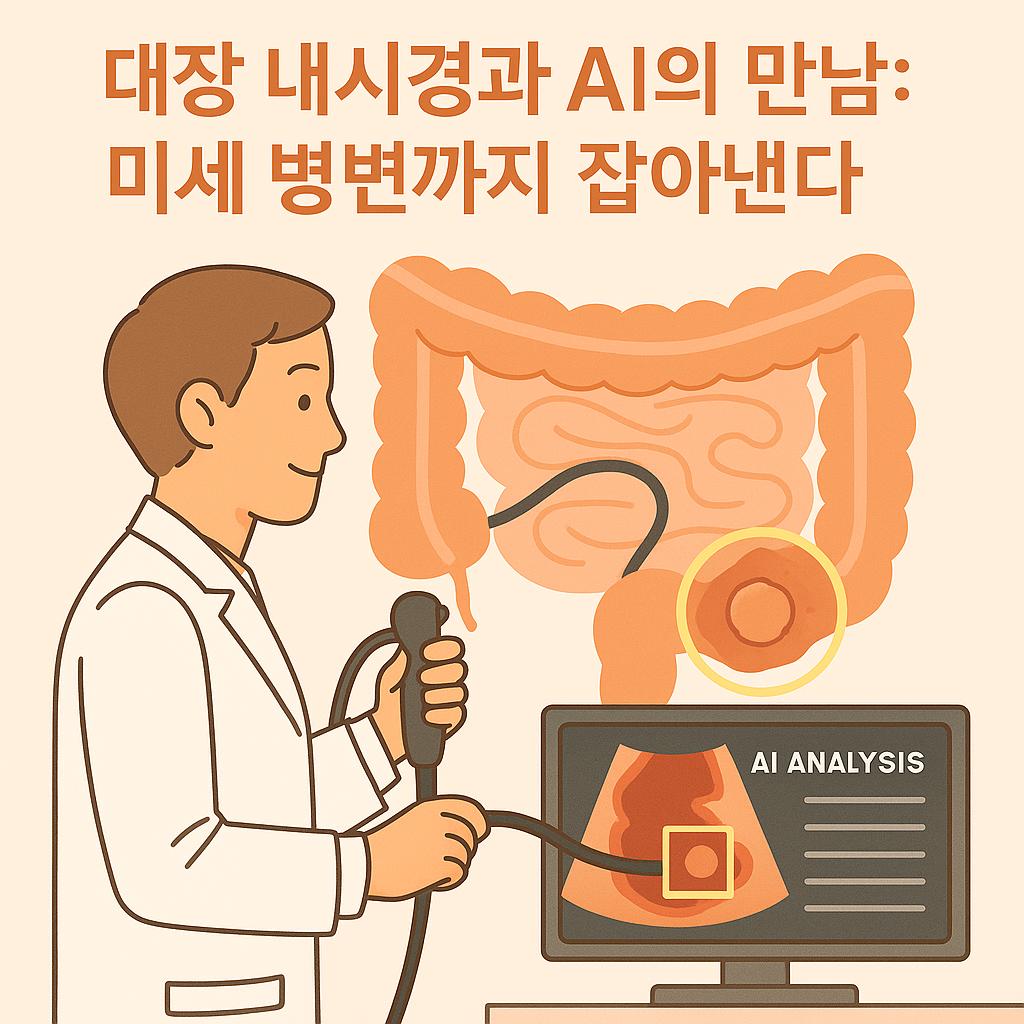 의사가 AI를 이용해 내시경 결과를 분석하며 진단하고 있는 모습 만화체 그림