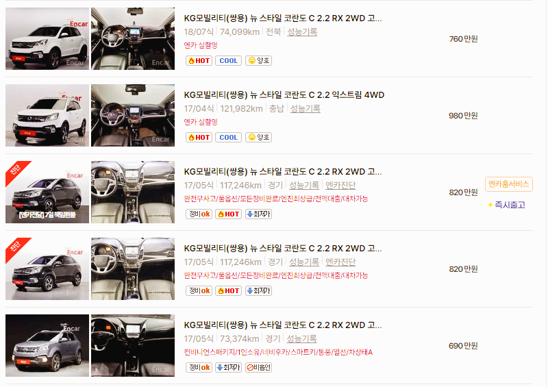 KG모빌리티 코란도 중고차 가격 시세표 24년10월