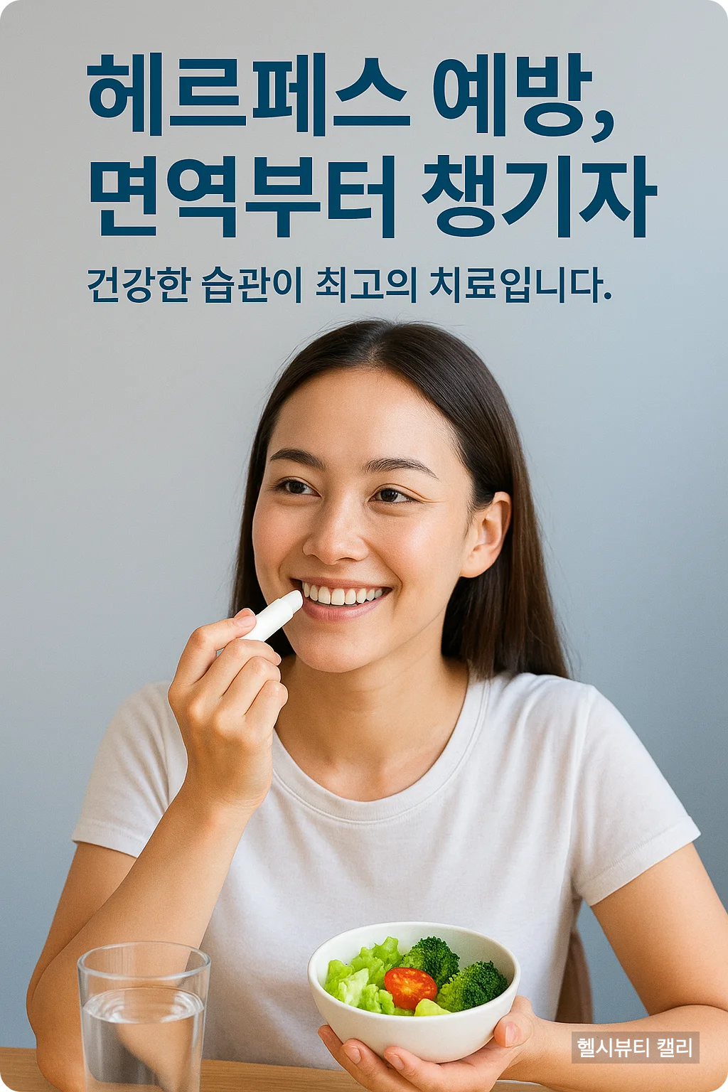 립밤을 바르며 건강식을 챙기는 여성, 헤르페스 예방 강조