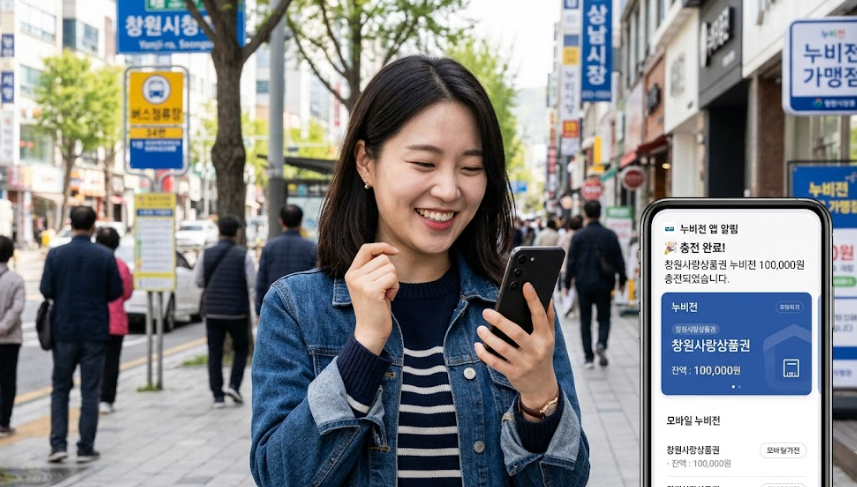 스마트폰 화면에 창원사랑상품권 누비전 충전 완료 알림이 뜨고 미소 짓는 한국인 시민의 모습
