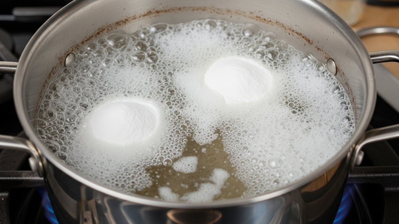 끓는 냄비 속에서 베이킹소다와 식초가 반응하여 거품이 일어나는 모습