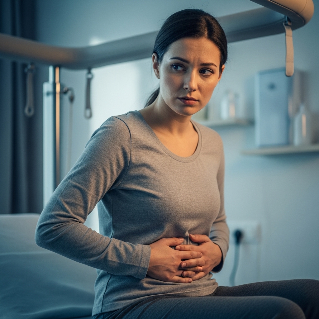 부부관계 후 자궁 통증으로 인해 아랫배를 감싸고 고민하는 여성의 모습