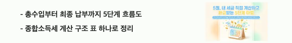 종합소득세 계산: &rsquo;총수입부터 최종 납부까지 5단계 흐름도 / 종합소득세 계산 구조 표 하나로 정리'라는 문구가 포함된 웹배너 이미지. 이 이미지는 총수입금액에서 최종 납부세액까지의 종합소득세 계산 흐름을 시각적으로 전달하며, 블로그의 세액 계산 단계별 구조와 관련된 내용을 설명함