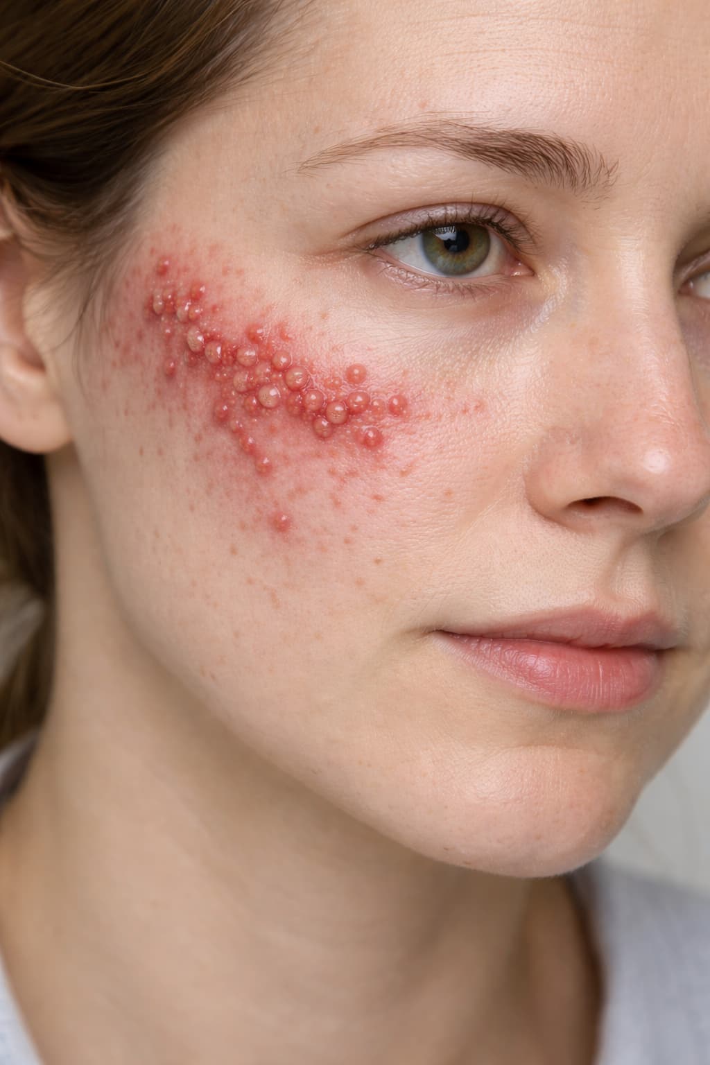 몸의 한쪽 면에 띠 모양으로 붉게 올라온 수포사진