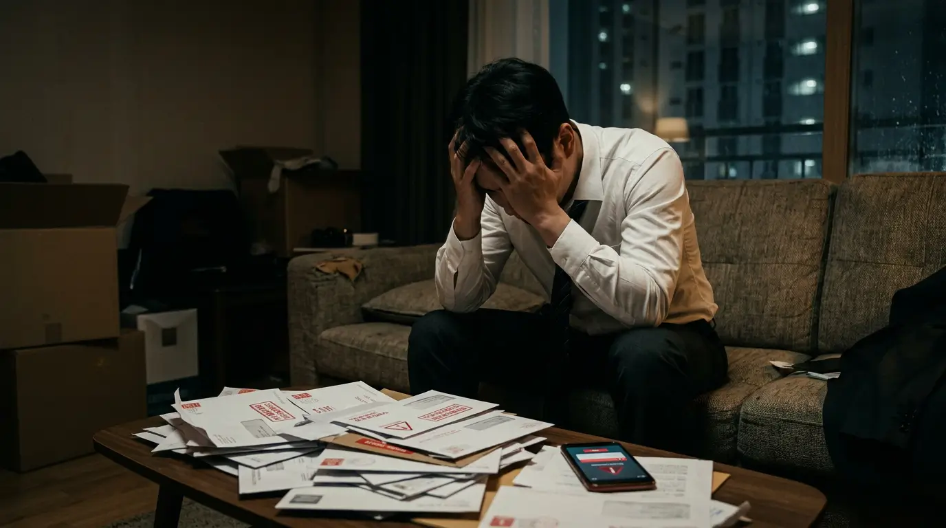 어두운 한국식 아파트 거실에서 산더미처럼 쌓인 대출 독촉장과 잔액 부족 알림이 뜬 스마트폰을 보며 절망하는 30대 남성 직장인