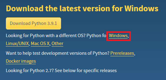 다양한 플랫폼의 파이썬 다운로드 웹사이트로 이동
