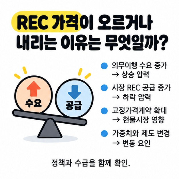 REC 가격 상승 요인과 하락 요인을 수요와 공급 구조로 비교한 카드뉴스