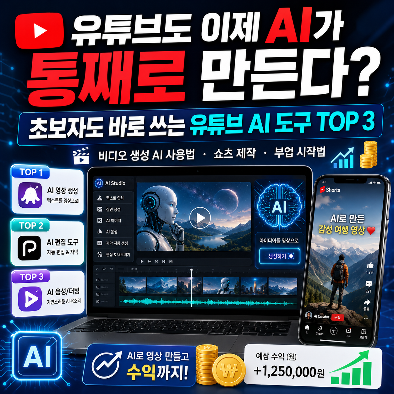 유튜브도 이제 AI가 통째로 만든다? 초보자도 바로 쓰는 유튜브 AI 도구 TOP 3와 비디오 생성 AI 사용법을 통해 쇼츠 제작과 부업 시작법을 쉽게 확인봐요.