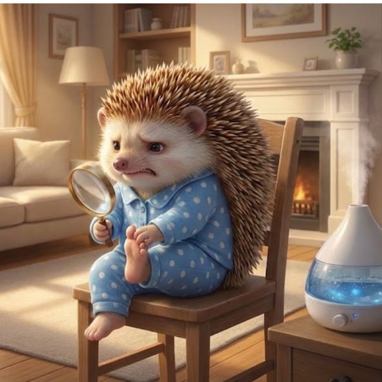 도치씨가 아픈 발을 돋보기로 확대해서 관찰하고 있는 모습.