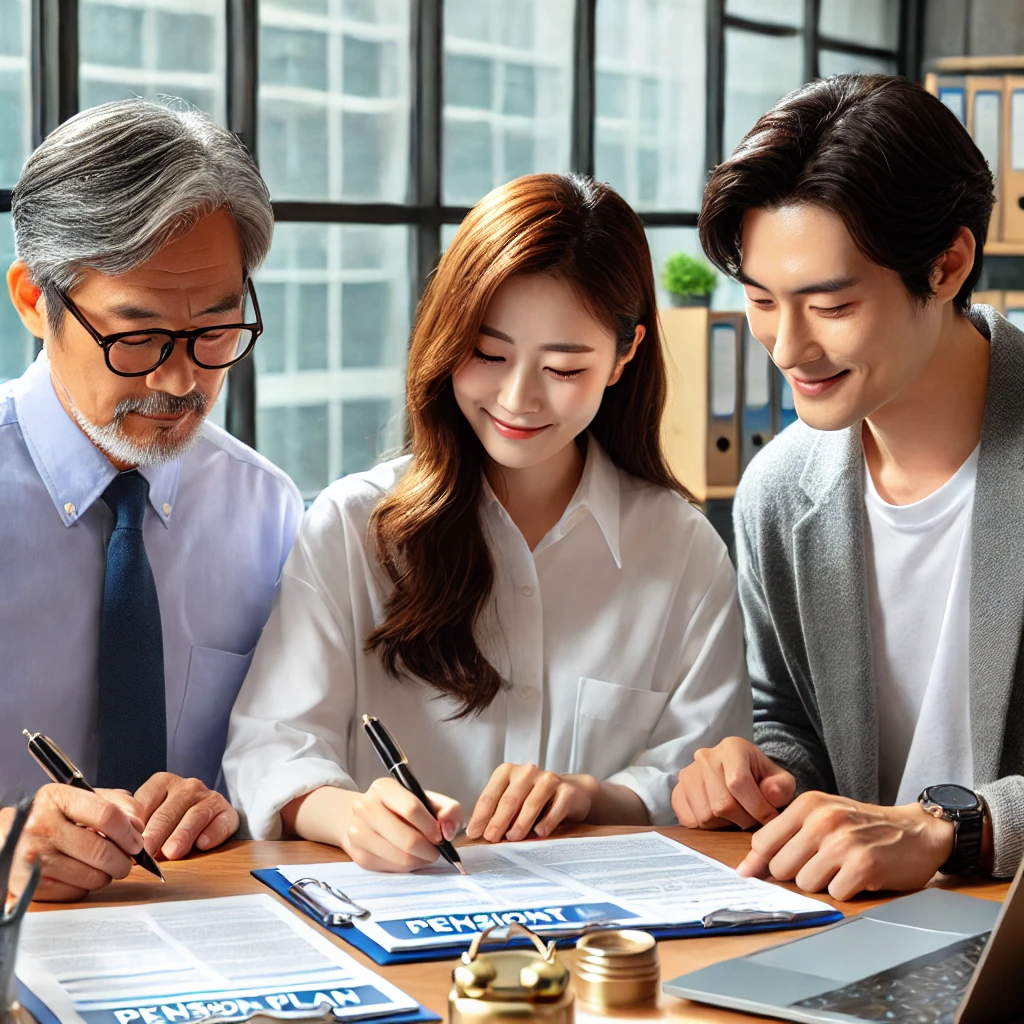 연금 가입 서류에 서명 중인 한국 근로자들