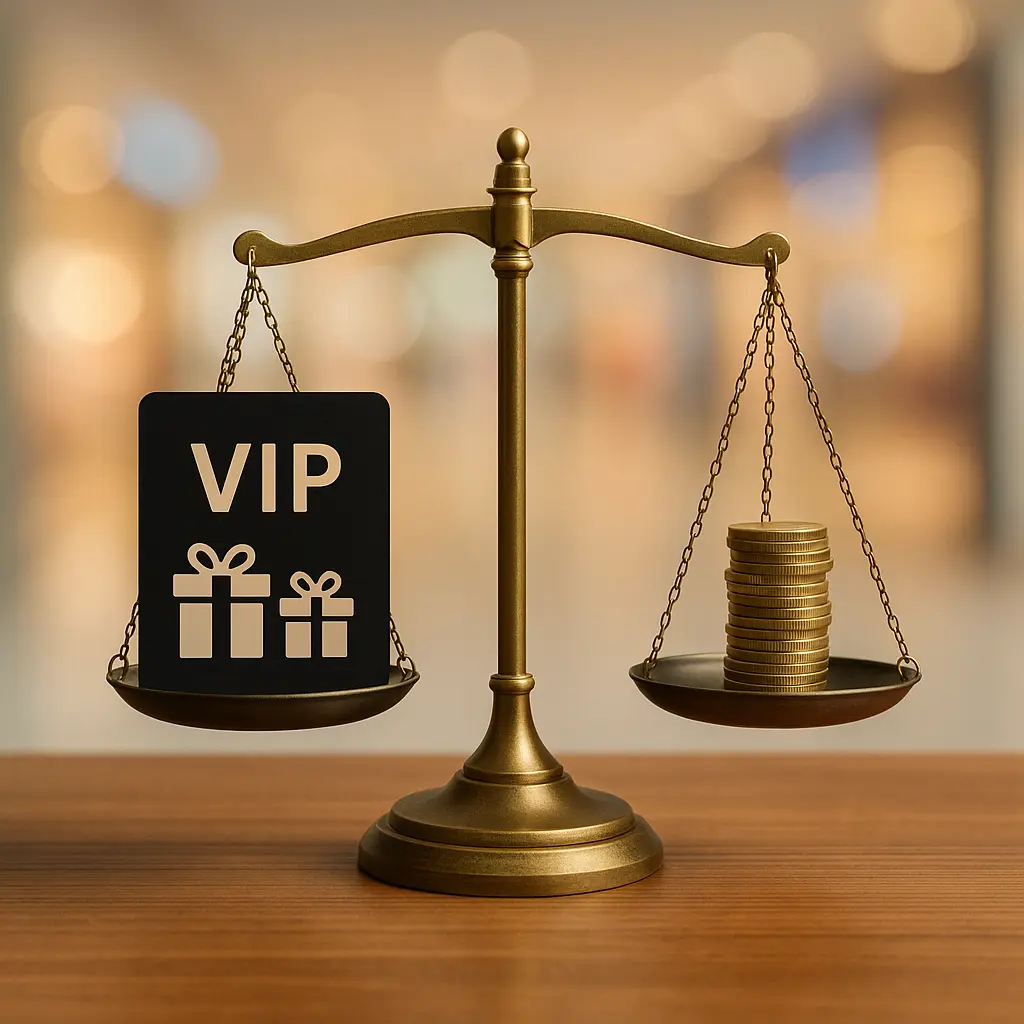 우아한-금색-저울에-한쪽에는-VIP-멤버십-카드-실루엣이-올려져-있고-다른쪽에는-동전-더미가-올려져-혜택과-연회비를-비교하는-장면